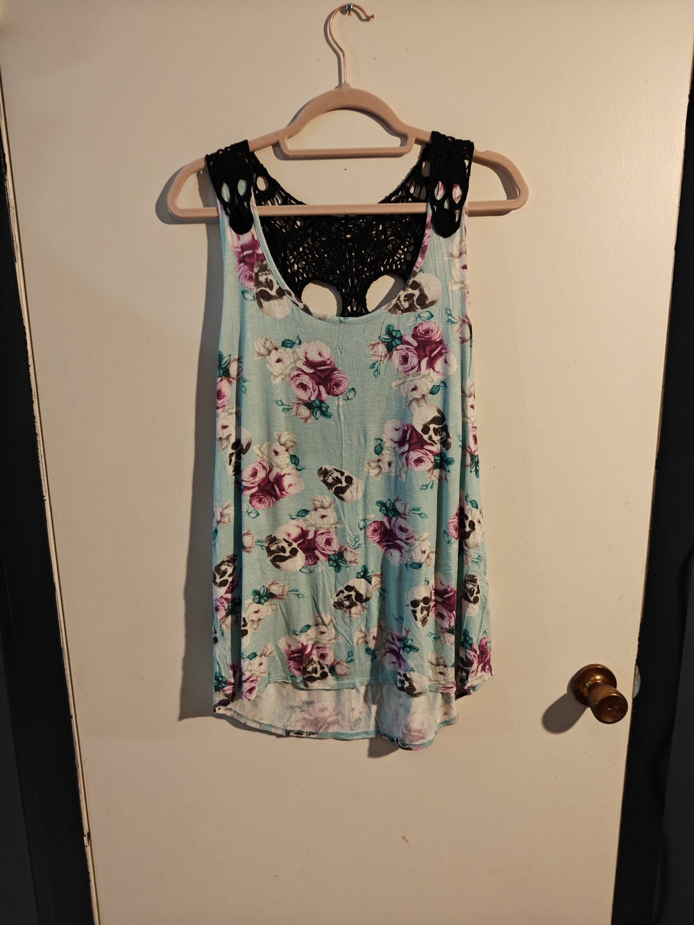 Floral Mint Scoop Neck Tank with Black Crochet Back